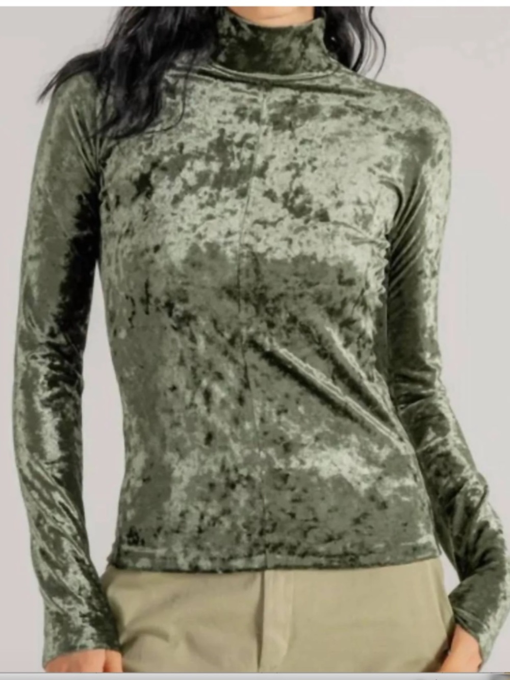 Stunning Champaign Taupe Crushed Velvet Long Sleeve Stretchy Turtleneck Top Sz S